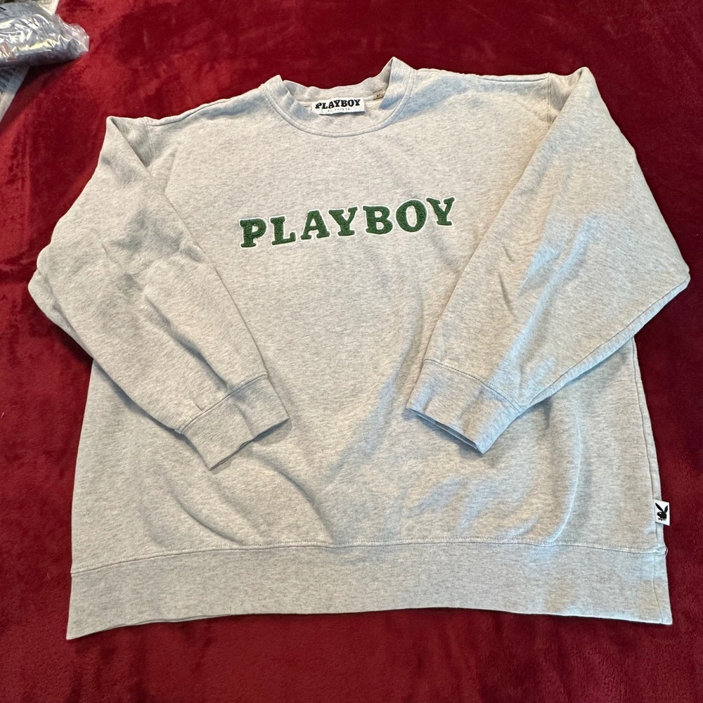 Playboy‎ by PacSun Heather Gray Crewneck Sweatshirt Green Chenille Logo Mens XL